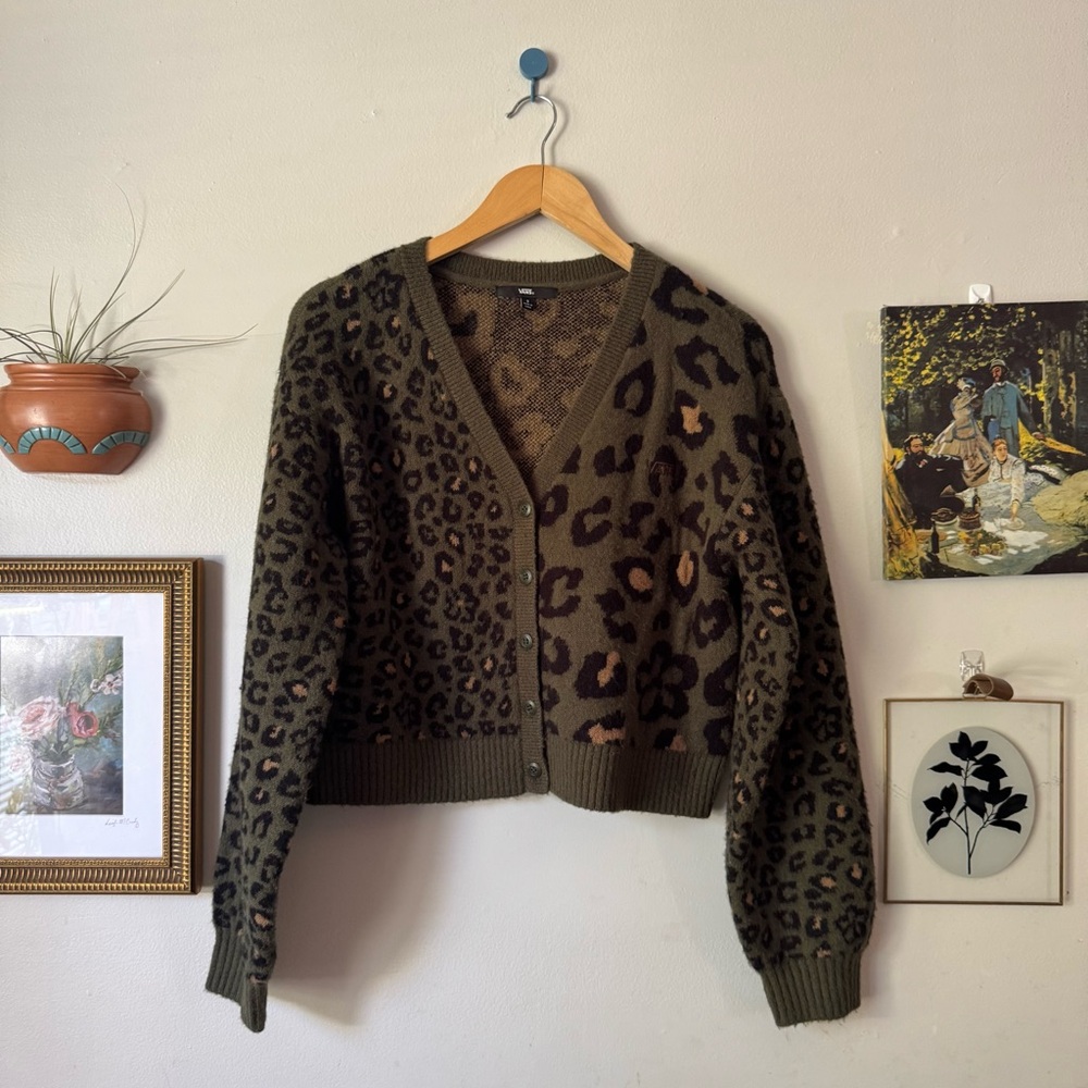 Vans Leopard Print Cardigan Sweater - Forrest Green and Black.
